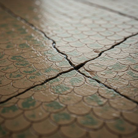 Detail of an old wooden floor with a pattern of ceramic tilesの素材