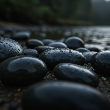 zen basalt stones with water drops on the beach in the morningの素材