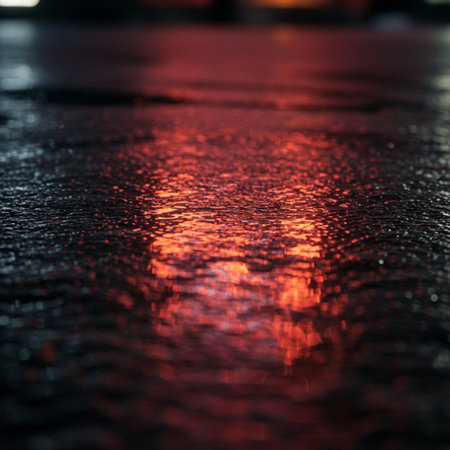 Rain drops on the asphalt in the city at night. Shallow depth of fieldの素材