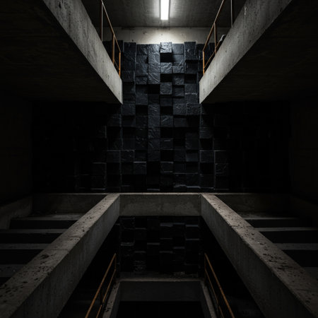 3d rendering of a dark room with black walls and stairs.の素材