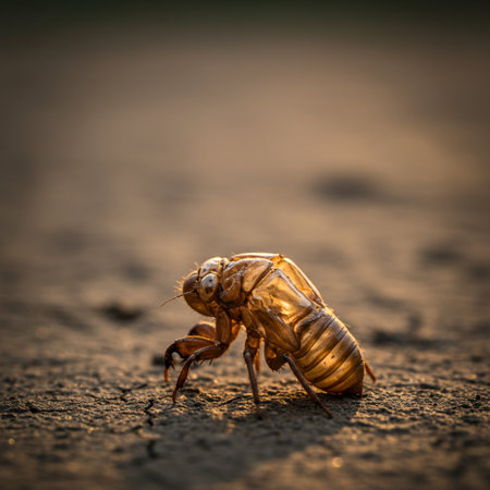 Cicada shell on the ground. Macro shot. Selective focus.の素材