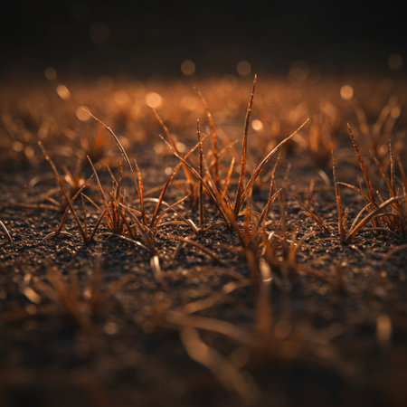 Close up of dry grass with dew drops on the ground.の素材
