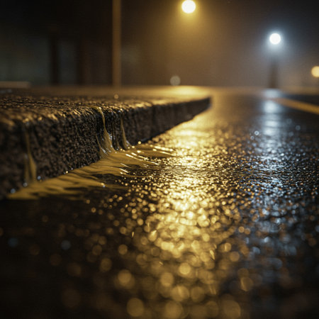 Rain drops on wet asphalt road at night. Shallow depth of fieldの素材