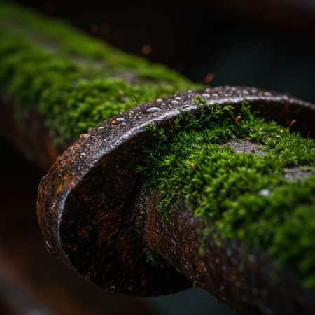 Close up of green moss on rusty metal pipe. Selective focus.の素材