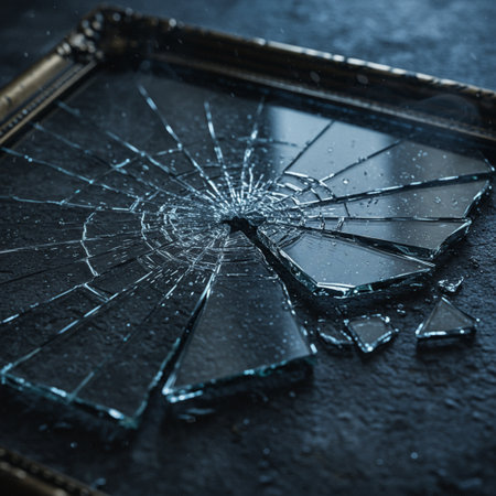 Broken mirror on a dark background. Shallow depth of field.の素材