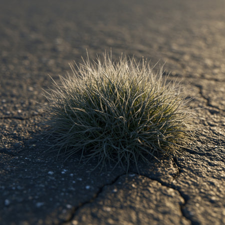 Grass growing on the road at sunset. Shallow depth of field.の素材