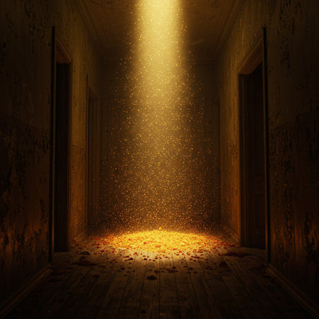 Mysterious dark room with golden light. 3D Renderingの素材