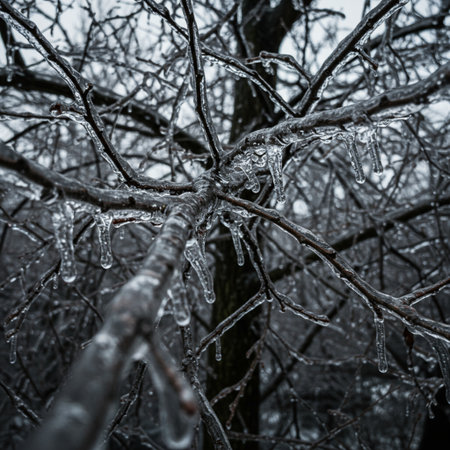 Frozen tree branches in the winter forest. Rainy day.の素材