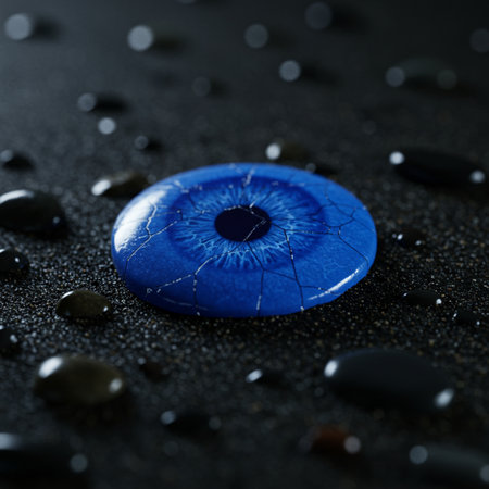 Blue eye drop on black wet stone with water droplets closeupの素材