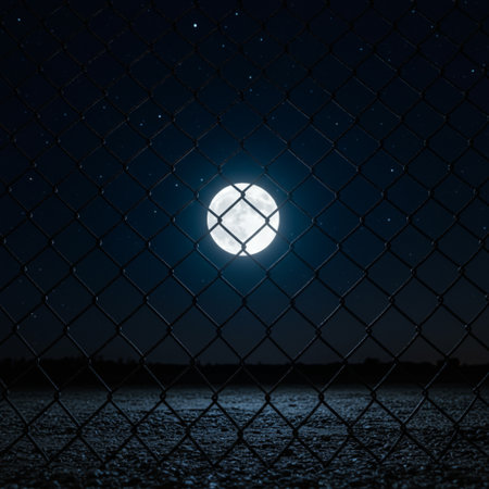 Full moon behind a chain link fence in the night sky with starsの素材