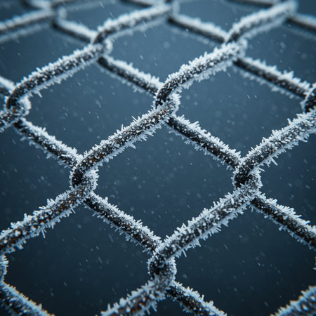 Frozen chain link fence on dark blue background. Close up.の素材