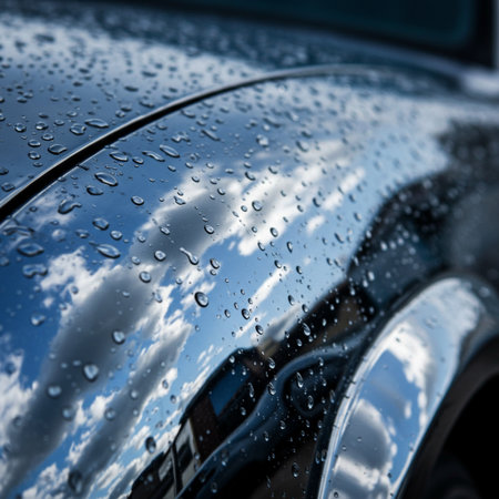 Rain drops on a car. Selective focus. Shallow depth of fieldの素材