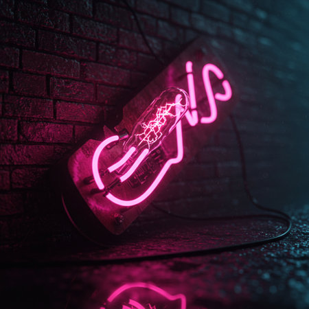 Neon sign on brick wall background. Glowing neon signboard.の素材