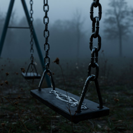 Old swing in the park in foggy day. Selective focus.の素材