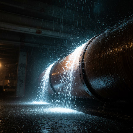 Industrial water pipe in a factory at night. Industrial background.の素材