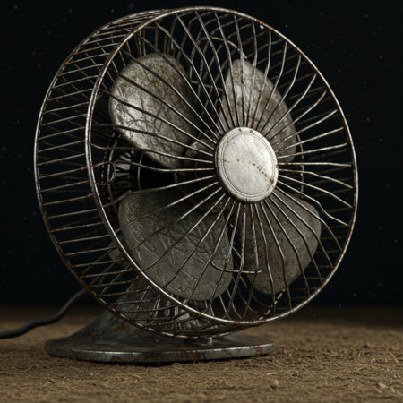 Old metal fan on a wooden table. Dark background. Toned.の素材