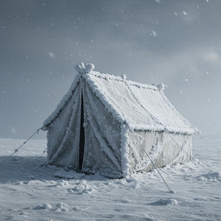 Tent covered with snow in the mountains. Winter landscape. Toned.の素材