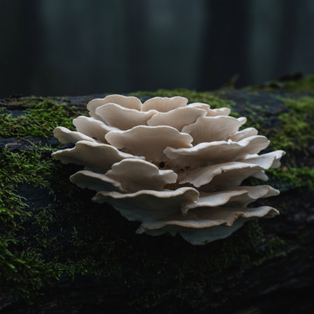 White mushroom on old tree in the forest. Selective focus.の素材