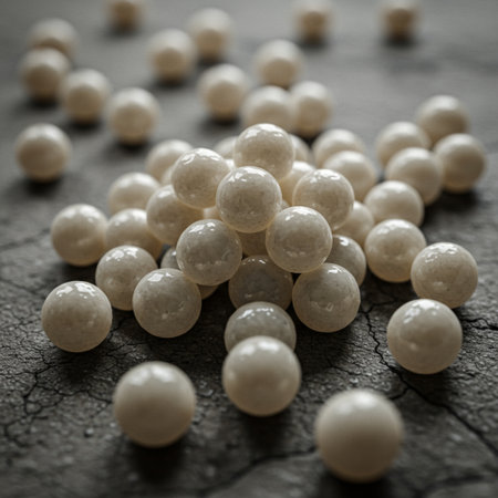 White beads on a dark background. Selective focus. Toned.の素材