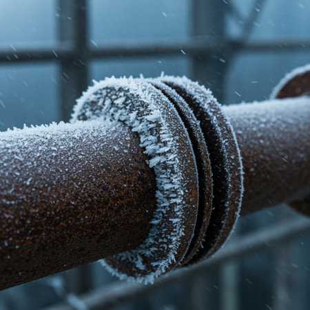 A closeup shot of a pipe covered with hoarfrost under the snowの素材