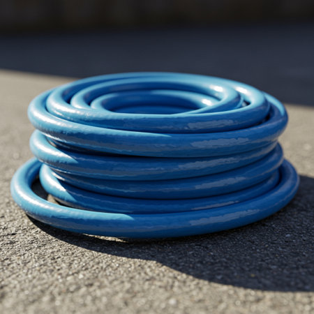 blue rubber hose on the ground, closeup photo with shallow depth of fieldの素材