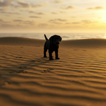 dog on the beach at sunset, silhouette of a dog in the sandの素材