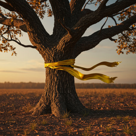 Tree with a yellow ribbon in the field at sunset. 3d renderの素材