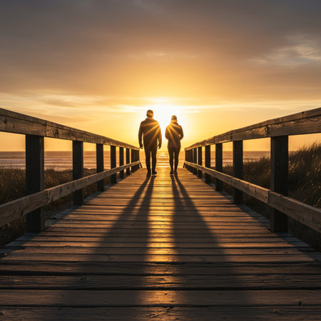 Couple walking on a wooden boardwalk at sunset in the Netherlandsの素材
