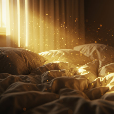 Golden light from the window on the bed. The concept of sleep.の素材