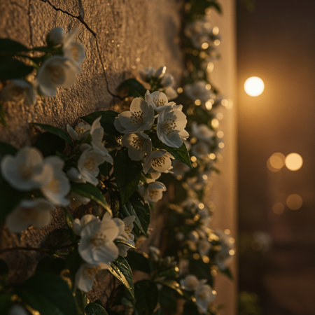 Jasmine. The branch delicate spring flowers on a background of the setting sunの素材