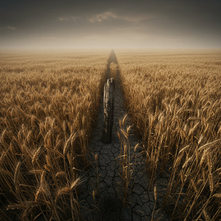Wheat field with a wooden path leading to the horizon at sunsetの素材