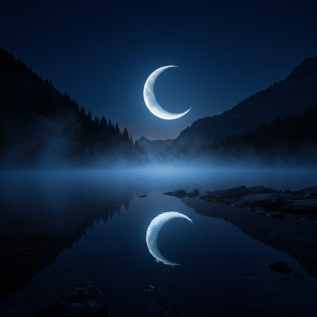Moon rising over a lake in the mountains at night with reflections in the waterの素材