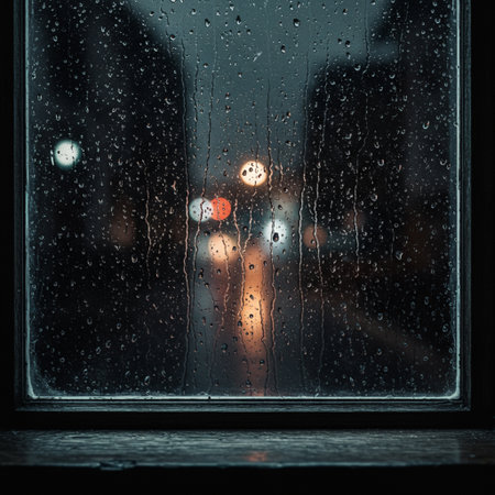 Raindrops on the window, night city lights in the background.の素材