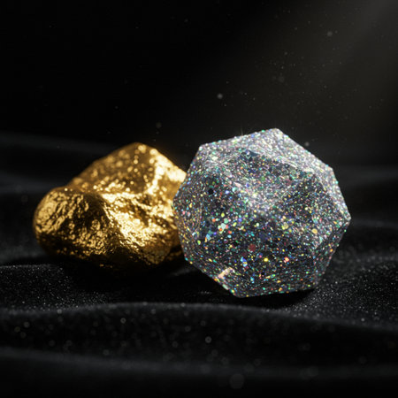 Gold and silver nuggets on a black velvet background. Macro.の素材