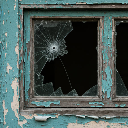 Broken window with broken glass and cracked blue paint on old wooden wallの素材