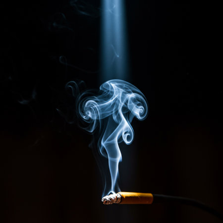 Smoke from a cigarette on a black background. Close-up.の素材