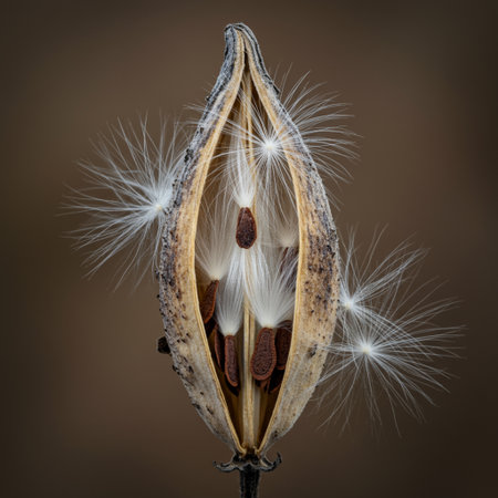 Dry seed pod with seeds and seeds on a brown background.の素材