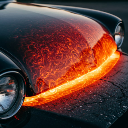 A closeup shot of a car's headlight on a roadの素材