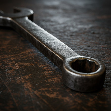 Wrench on rustic wooden background. Shallow depth of field. Toned.の素材