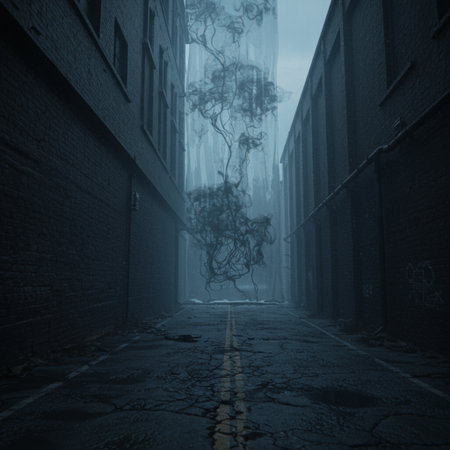 Foggy alley in the middle of the city. 3D renderingの素材