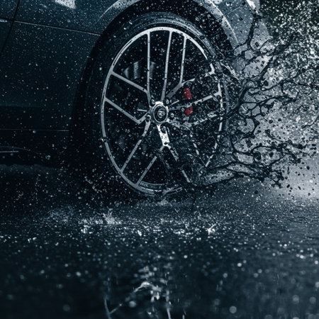 Car wheel with splashes of water on a dark background. Shallow depth of fieldの素材