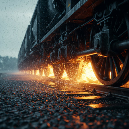 Close up view of steam locomotive on railway track in heavy rain.の素材