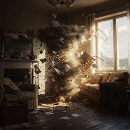 Falling sheets of paper in the air in the interior of the roomの素材