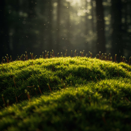 Green moss in the forest with sunlight in the morning. Shallow depth of fieldの素材