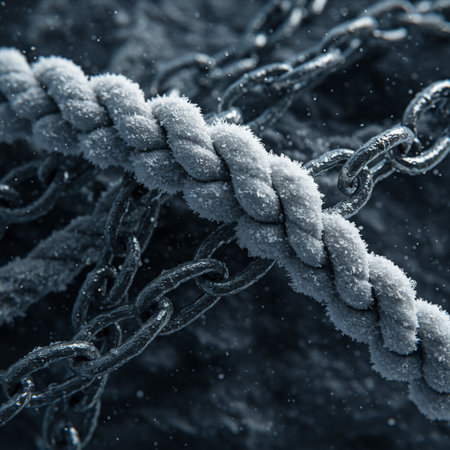 chain covered with hoarfrost on a dark background close-upの素材
