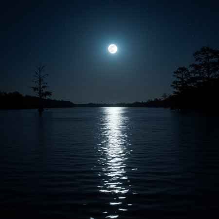 Moon over the lake at night with silhouettes of trees in the waterの素材