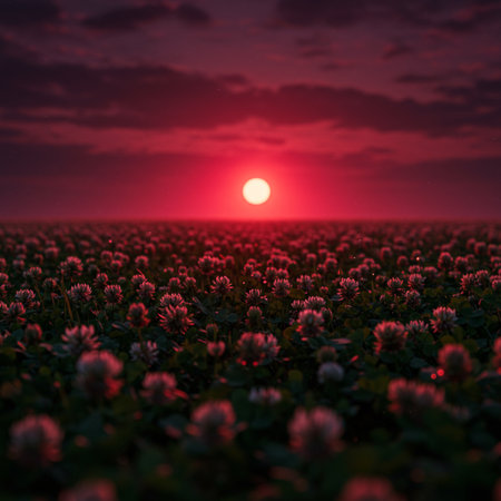 Red clover field at sunset. Beautiful summer landscape with blooming red clover field.の素材