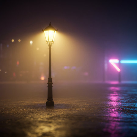 Lamp post on foggy street at night. Street lamp on a foggy background.の素材