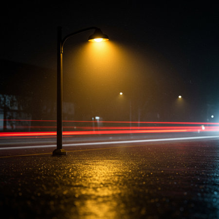Street lamp on a foggy night. Long exposure photo with long exposureの素材