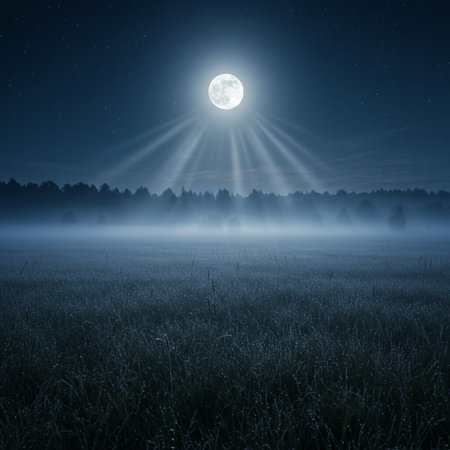 Foggy meadow at night with full moon in the skyの素材